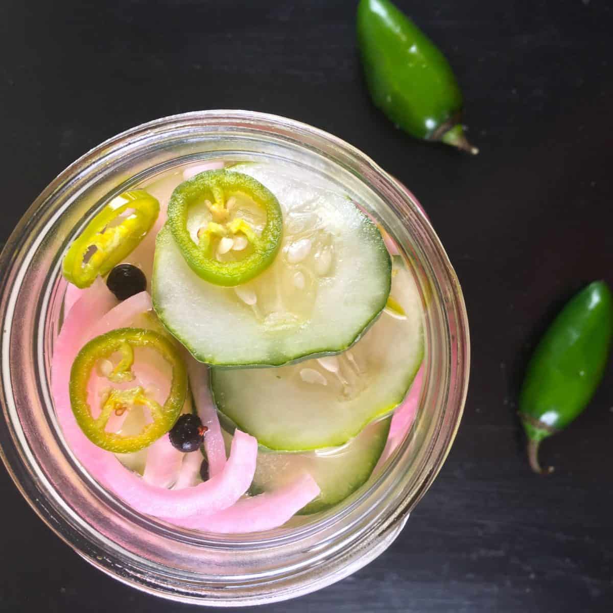 Old fashioned pickles and onions in vinegar