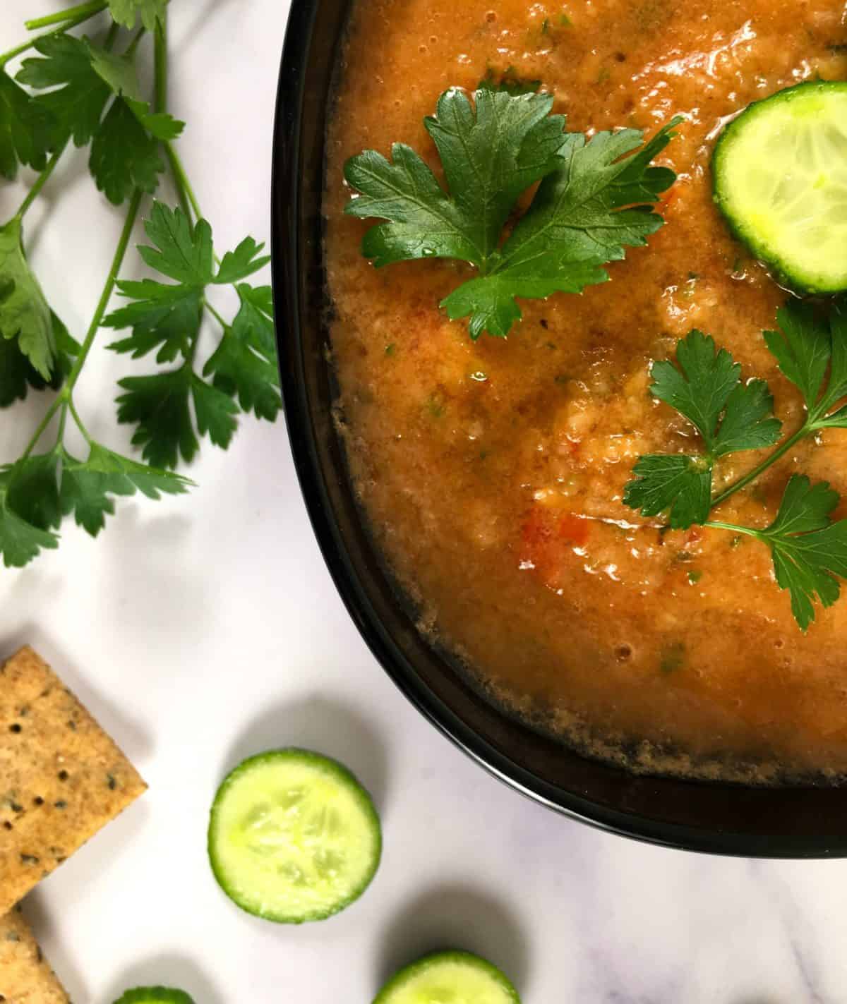 vegan gazpacho meal topped with fresh parsley