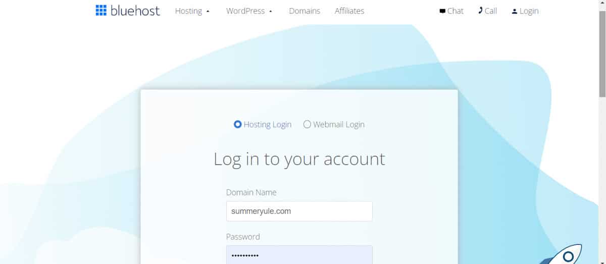 bluehost hosting log in