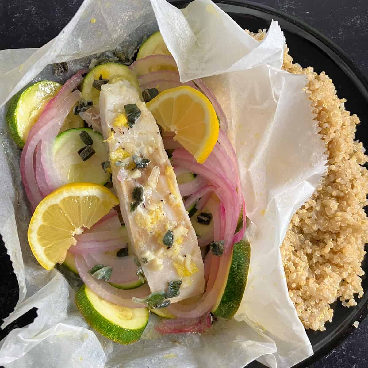 Easy Summer Dinner: Wild Cod & Stacked Veggies in Parchment