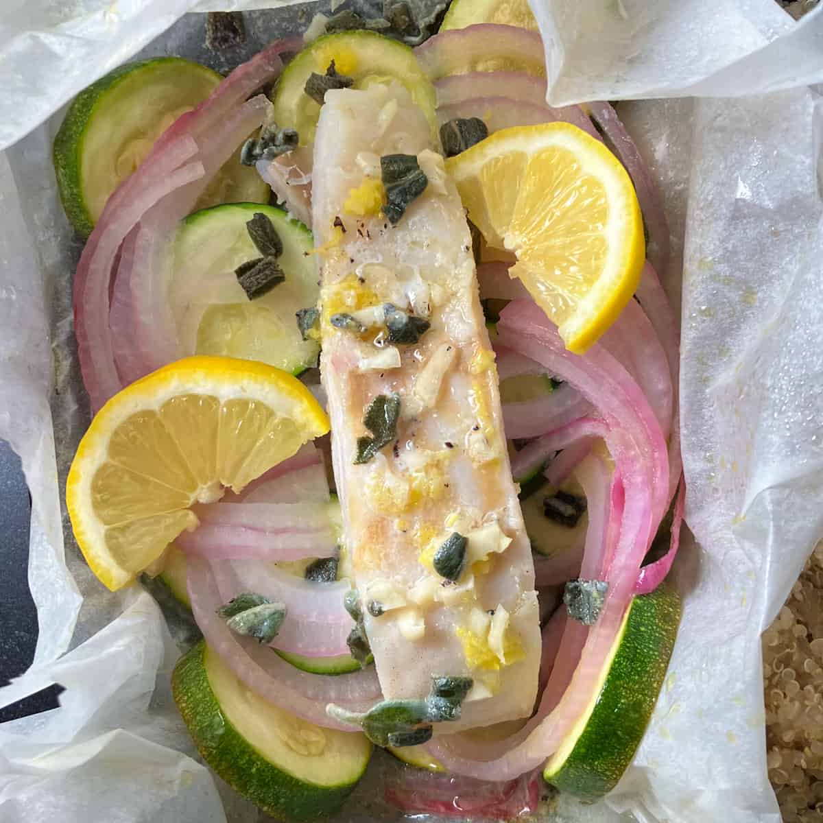 Easy Summer Dinner: Wild Cod & Stacked Veggies in Parchment