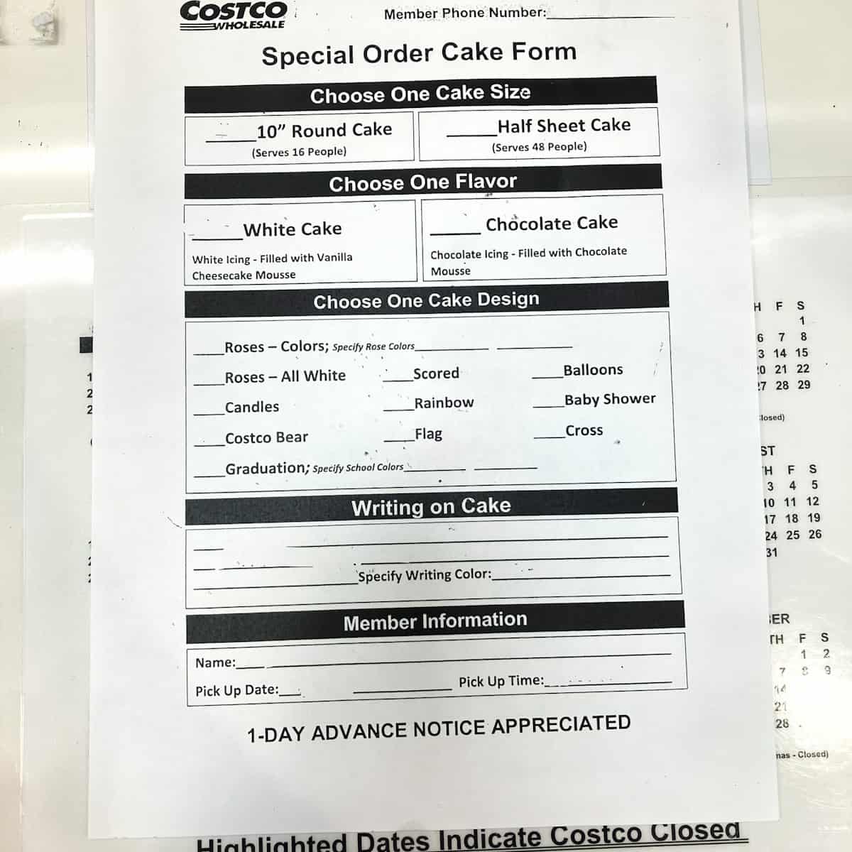 Costco cake order form