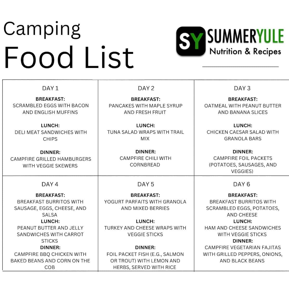 Camping Food List (Camping Grocery List for 3,4,5,6, or 7 Days)